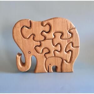 2 Handmade Wooden Puzzles – Elephant & Fish – Chunky Artist‑Signed Vintage
